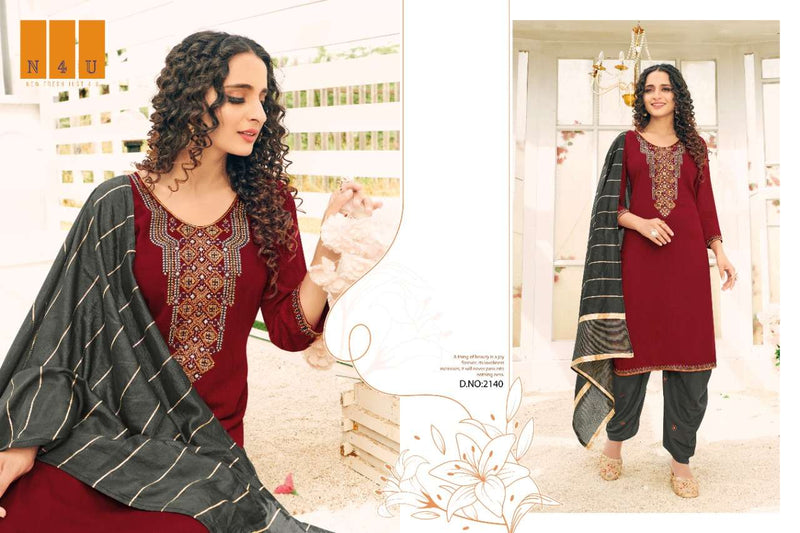 Tunic House N4u Patiyala Viscose Rayon Slub With Heavy Embroidery Work Suit