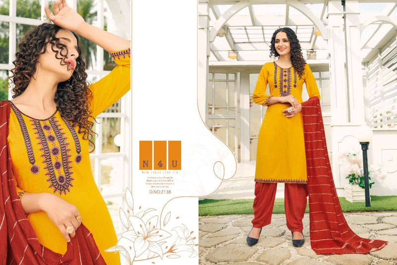 Tunic House N4u Patiyala Viscose Rayon Slub With Heavy Embroidery Work Suit