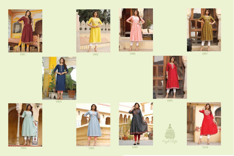 Kajal Style Fashion Urban Line Vol 1 Rayon Stylish Party Wear Nyra Cut Gown Style Kurtis