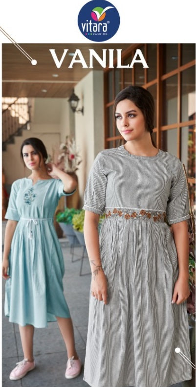Vitara Fashion Vanila Pure Cotton With Fancy Work Stylish Designer Attractive Look Kurti