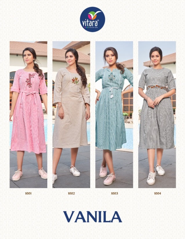 Vitara Fashion Vanila Pure Cotton With Fancy Work Stylish Designer Attractive Look Kurti
