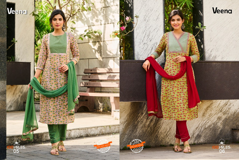 100 Miles Veena Cotton Designer Party Wear Kurtis With Bottom & Dupatta