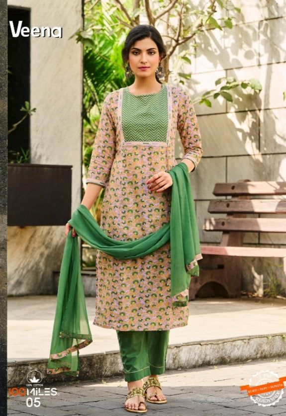 100 Miles Veena Cotton Designer Party Wear Kurtis With Bottom & Dupatta