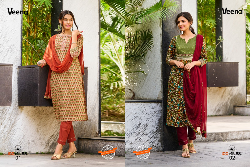 100 Miles Veena Cotton Designer Party Wear Kurtis With Bottom & Dupatta
