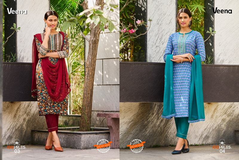 100 Miles Veena Cotton Designer Party Wear Kurtis With Bottom & Dupatta