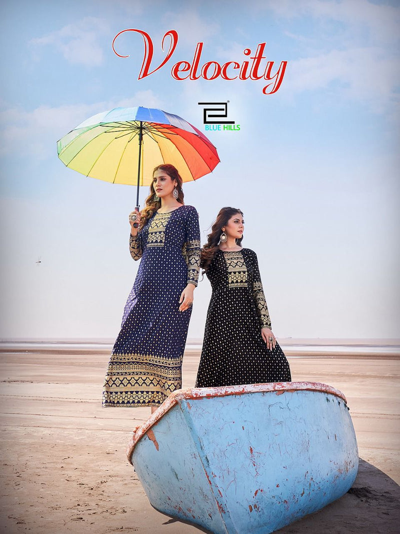 Blue Hills Velocity Rayon With Printed Work Stylish Designer Beautiful Fancy Long Kurti