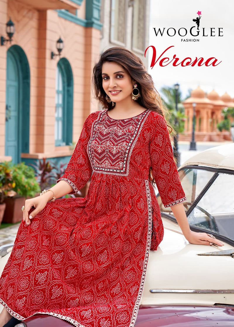 Wooglee Verona Rayon With Fancy Work Stylish Designer Casual Look Long Kurti