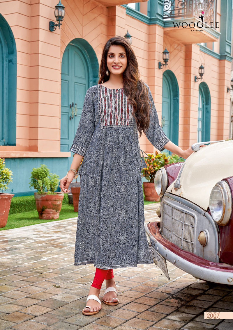 Wooglee Verona Rayon With Fancy Work Stylish Designer Casual Look Long Kurti