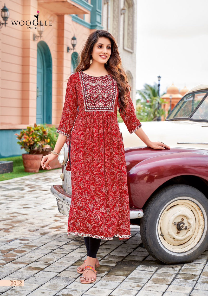 Wooglee Verona Rayon With Fancy Work Stylish Designer Casual Look Long Kurti