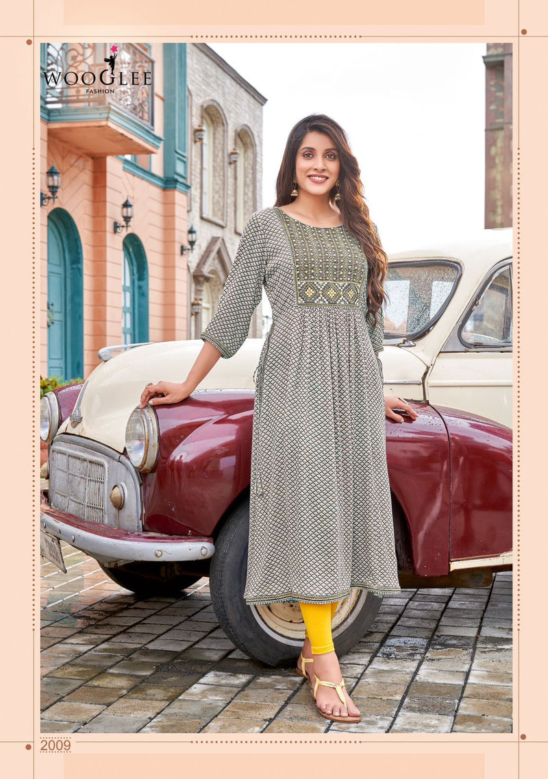 Wooglee Verona Rayon With Fancy Work Stylish Designer Casual Look Long Kurti