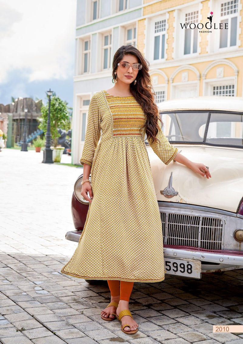 Wooglee Verona Rayon With Fancy Work Stylish Designer Casual Look Long Kurti