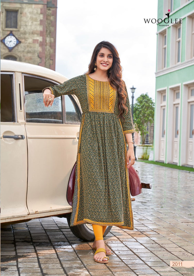Wooglee Verona Rayon With Fancy Work Stylish Designer Casual Look Long Kurti