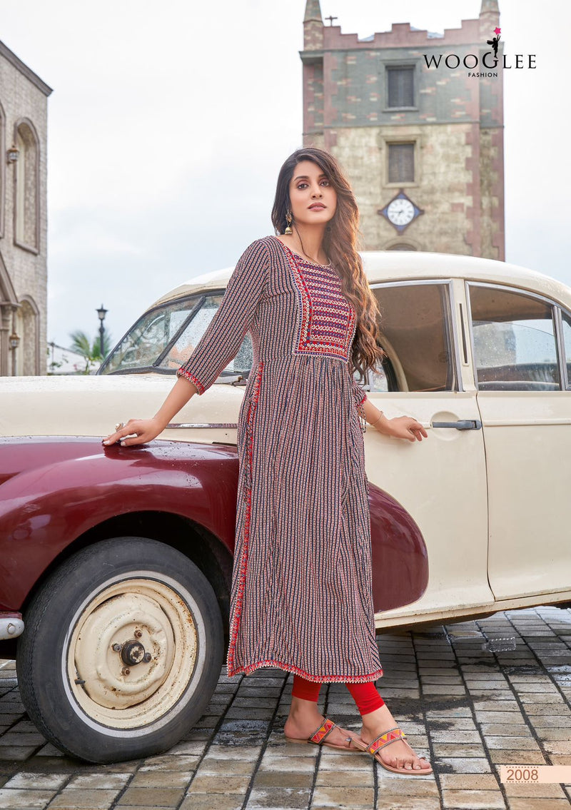 Wooglee Verona Rayon With Fancy Work Stylish Designer Casual Look Long Kurti