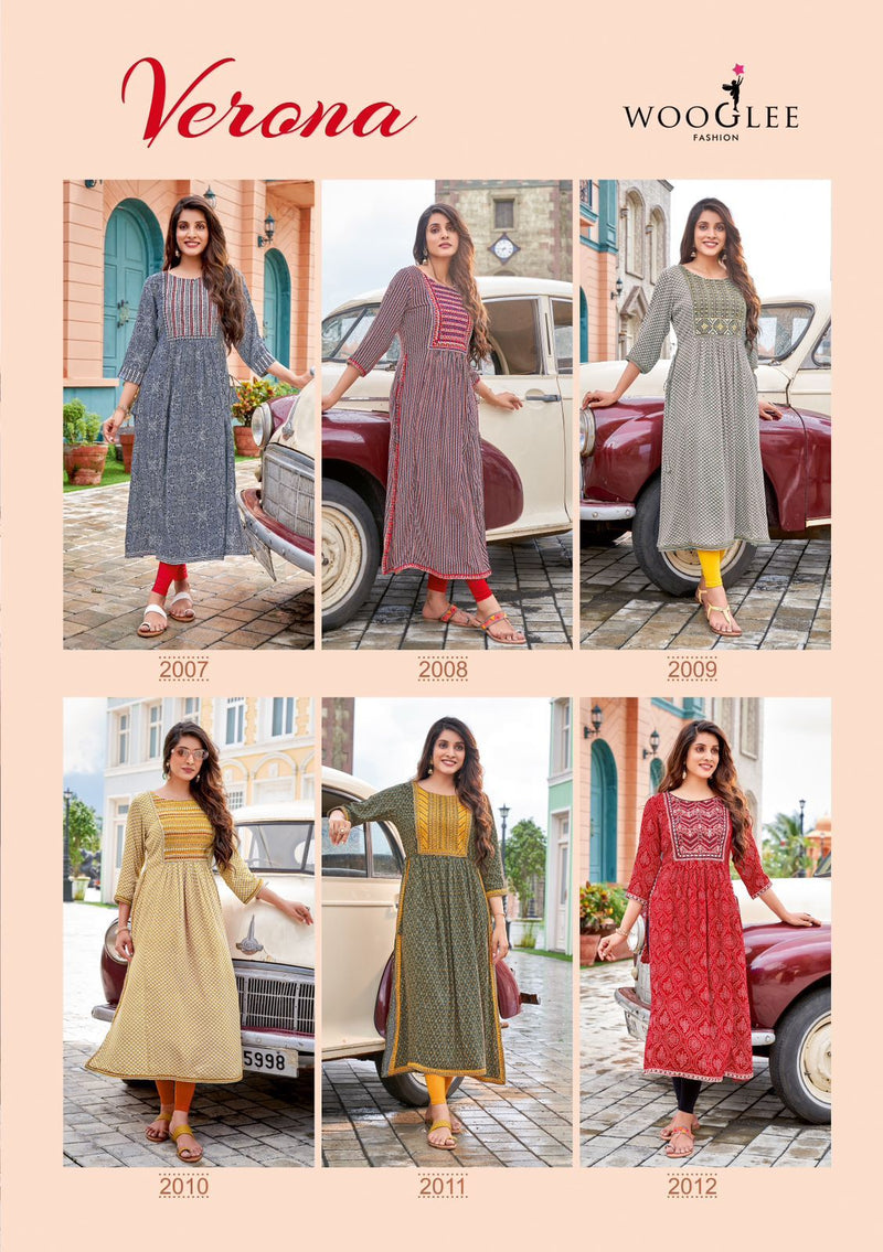 Wooglee Verona Rayon With Fancy Work Stylish Designer Casual Look Long Kurti