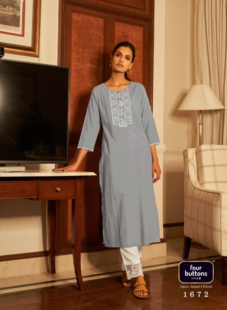 Four Buttons Vibrant Vol 2 Cotton Casual Look Kurtis With Bottom & Lakhnavi Embroidery