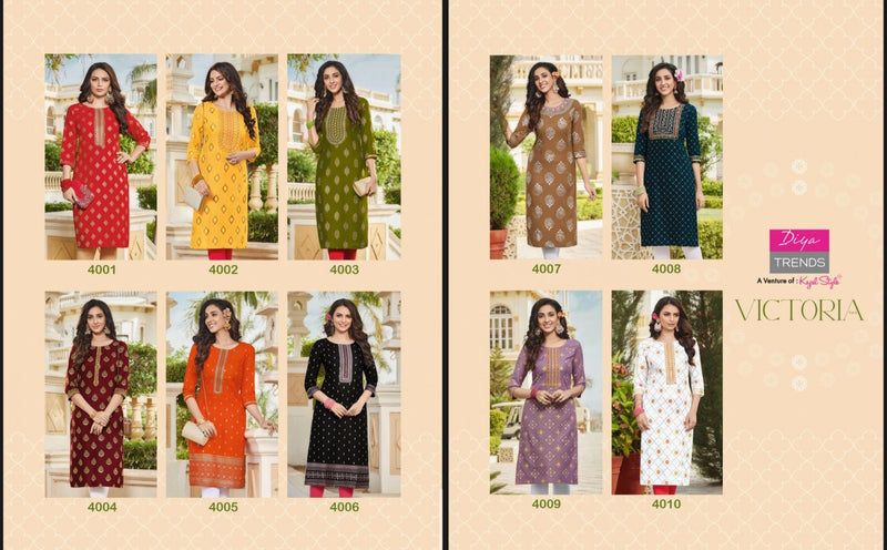 Diya Trends Victoria Vol 4 Rayon Foil Printed Party Wear Kurtis With Fancy Embroidery Work