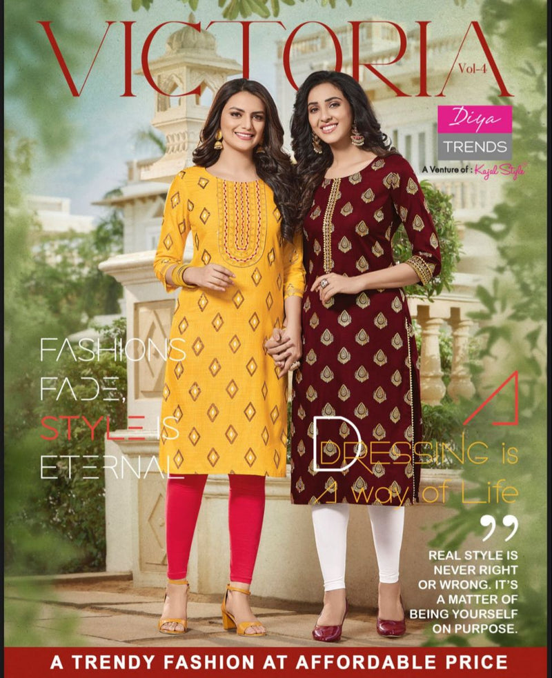 Diya Trends Victoria Vol 4 Rayon Foil Printed Party Wear Kurtis With Fancy Embroidery Work