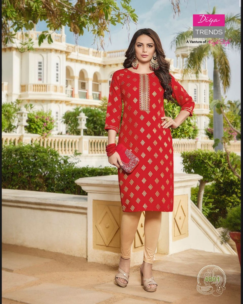 Diya Trends Victoria Vol 4 Rayon Foil Printed Party Wear Kurtis With Fancy Embroidery Work