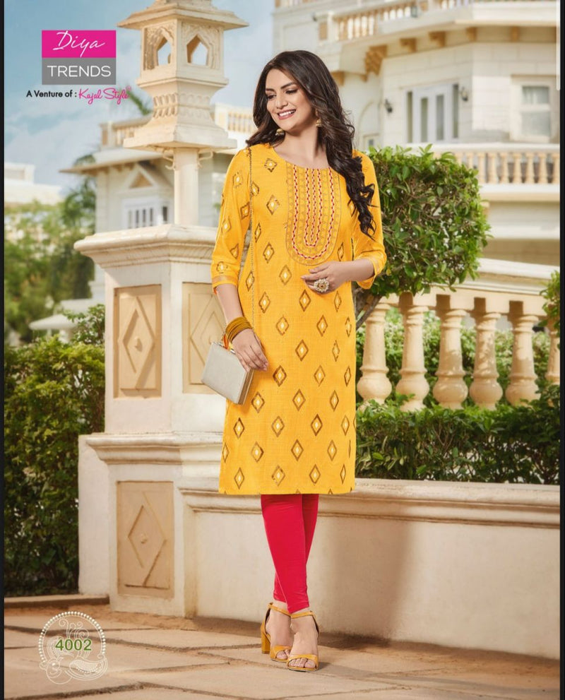 Diya Trends Victoria Vol 4 Rayon Foil Printed Party Wear Kurtis With Fancy Embroidery Work
