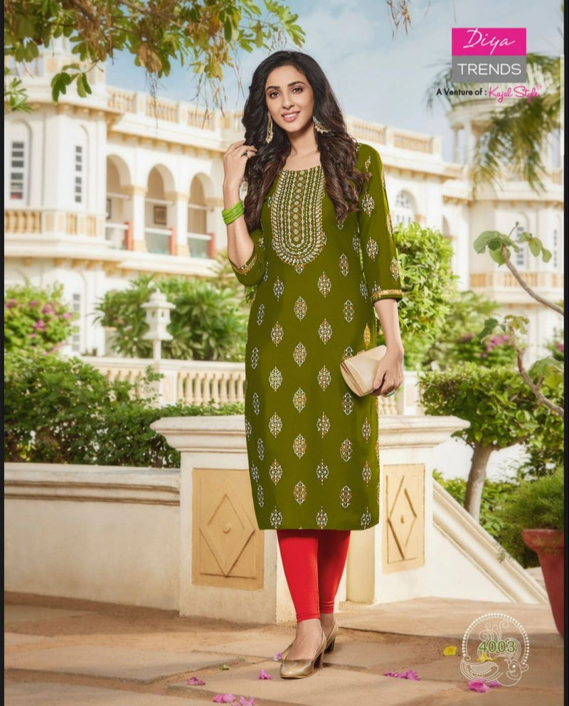 Diya Trends Victoria Vol 4 Rayon Foil Printed Party Wear Kurtis With Fancy Embroidery Work