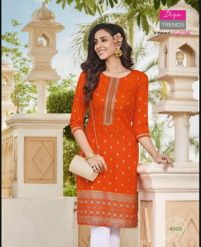 Diya Trends Victoria Vol 4 Rayon Foil Printed Party Wear Kurtis With Fancy Embroidery Work