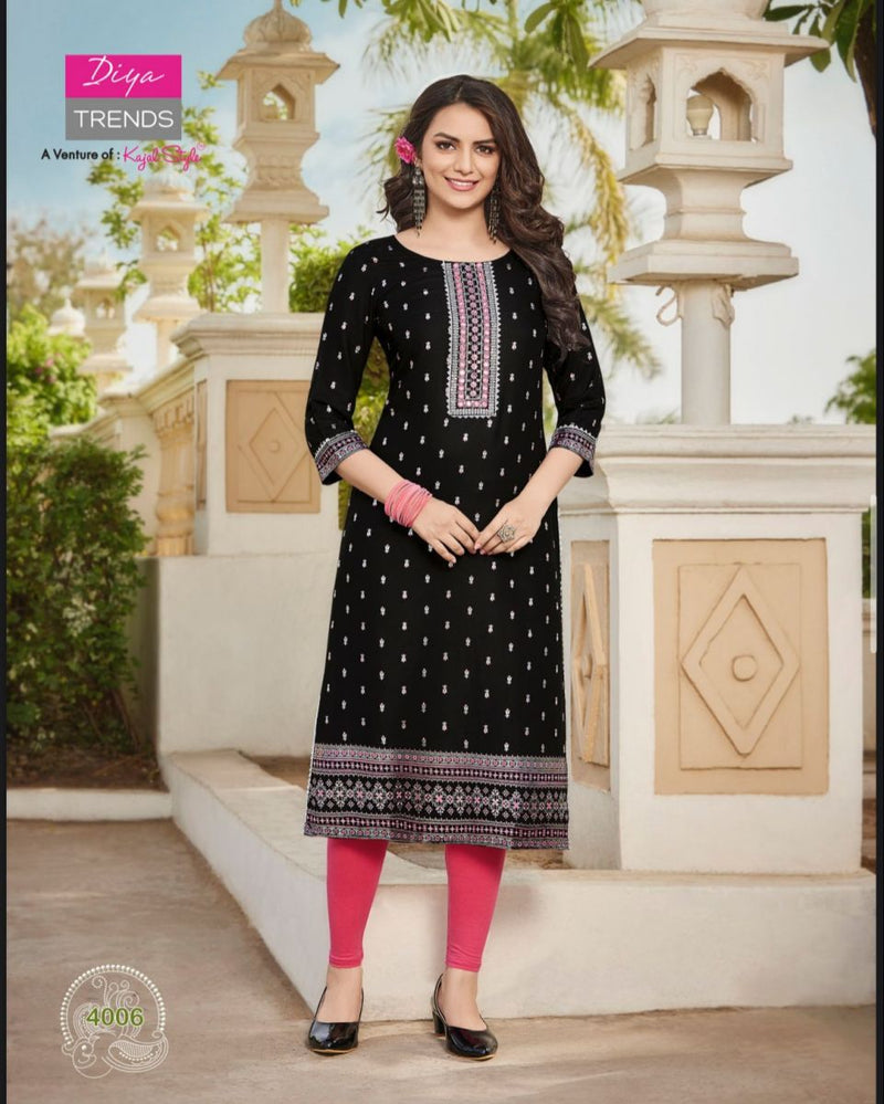 Diya Trends Victoria Vol 4 Rayon Foil Printed Party Wear Kurtis With Fancy Embroidery Work