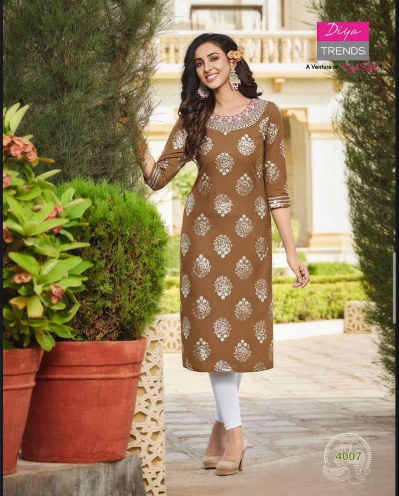 Diya Trends Victoria Vol 4 Rayon Foil Printed Party Wear Kurtis With Fancy Embroidery Work