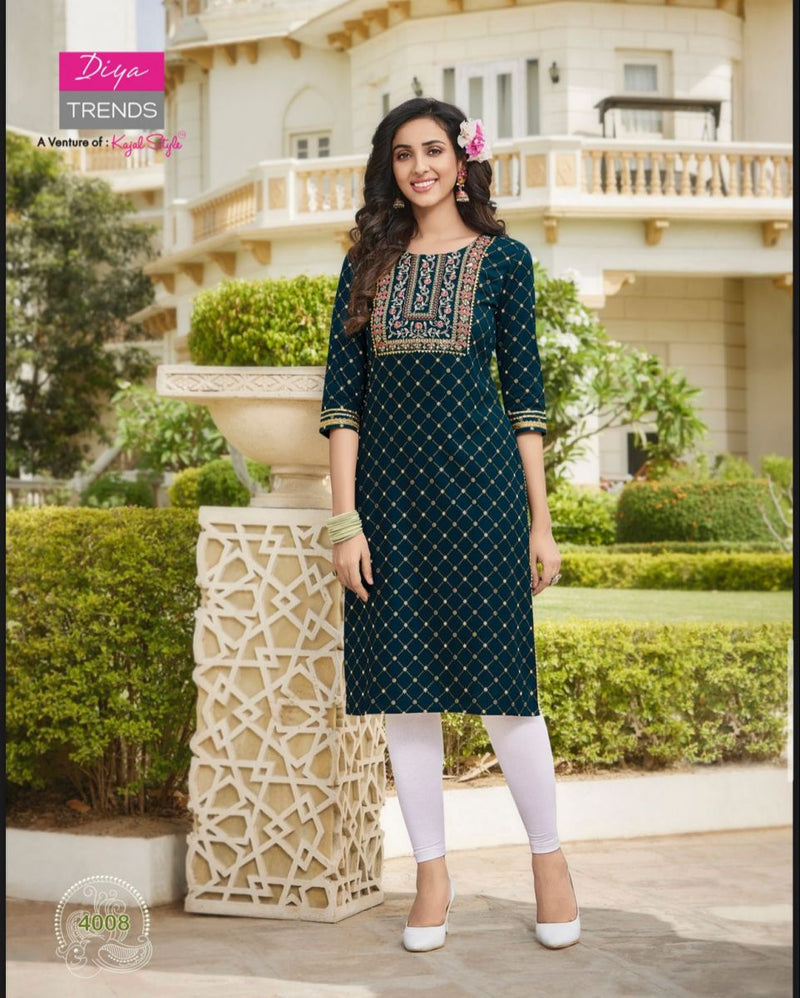 Diya Trends Victoria Vol 4 Rayon Foil Printed Party Wear Kurtis With Fancy Embroidery Work
