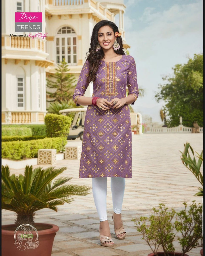 Diya Trends Victoria Vol 4 Rayon Foil Printed Party Wear Kurtis With Fancy Embroidery Work