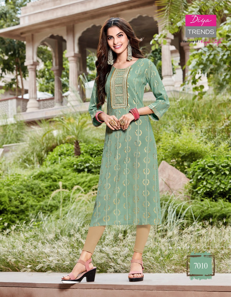 Diya Trends Victoriya Dno 7001 To 70014 Rayon Printed work Stylish Designer Party Wear Kurti