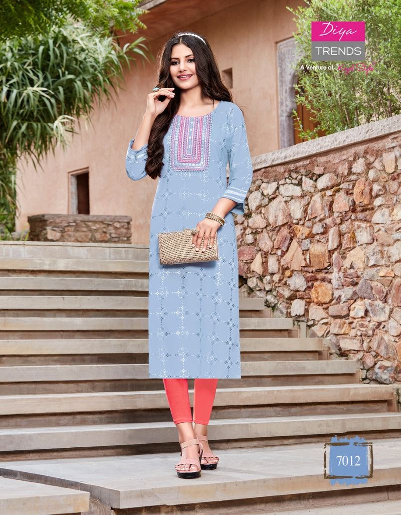Diya Trends Victoriya Dno 7001 To 70014 Rayon Printed work Stylish Designer Party Wear Kurti