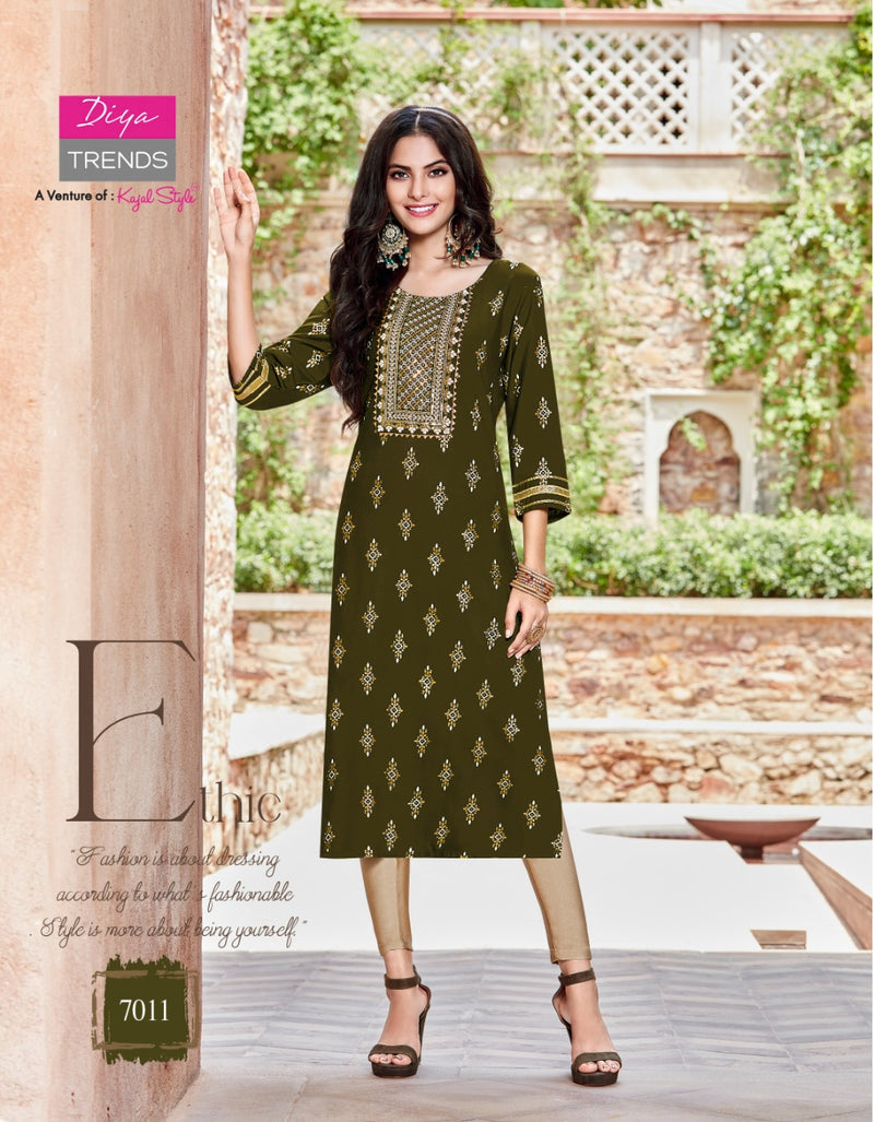 Diya Trends Victoriya Dno 7001 To 70014 Rayon Printed work Stylish Designer Party Wear Kurti