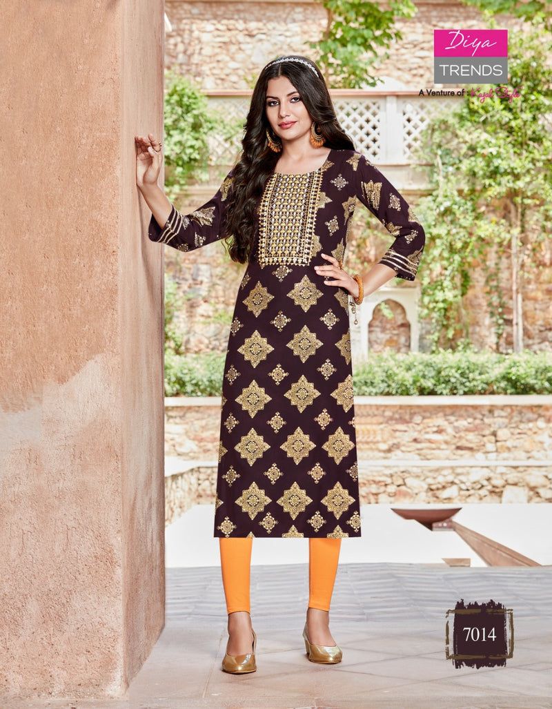 Diya Trends Victoriya Dno 7001 To 70014 Rayon Printed work Stylish Designer Party Wear Kurti