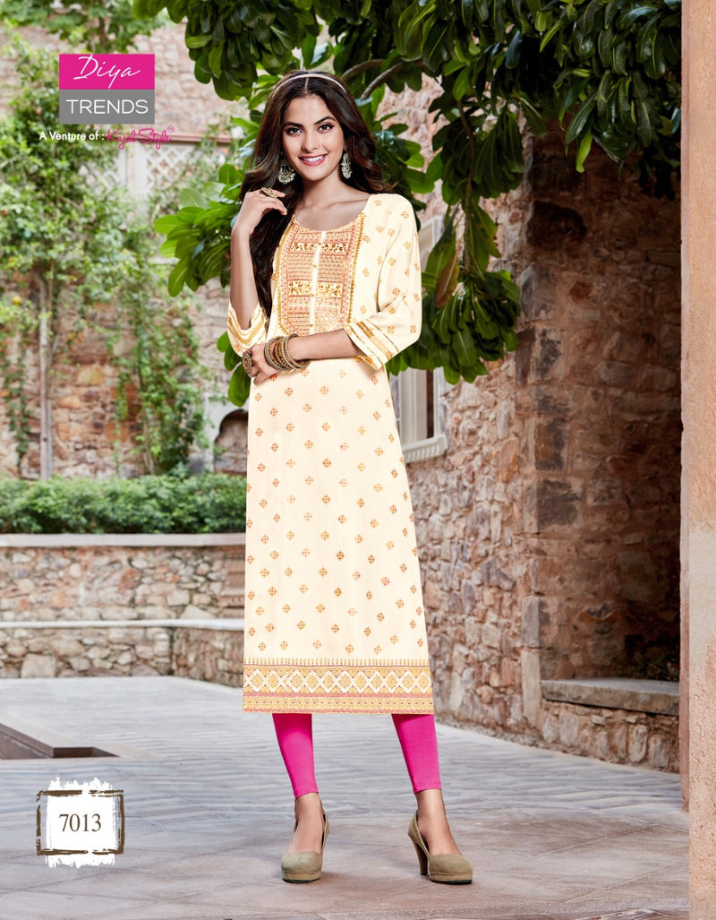 Diya Trends Victoriya Dno 7001 To 70014 Rayon Printed work Stylish Designer Party Wear Kurti