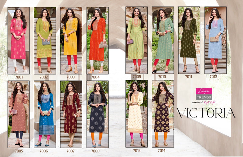 Diya Trends Victoriya Dno 7001 To 70014 Rayon Printed work Stylish Designer Party Wear Kurti