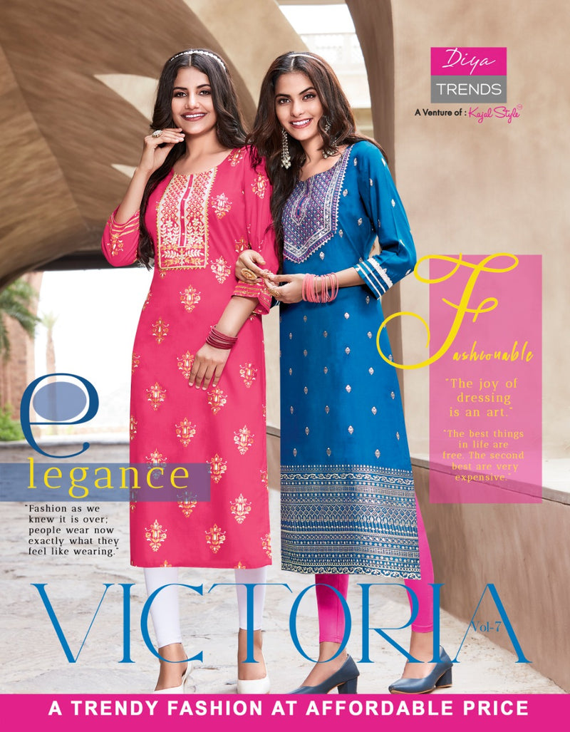 Diya Trends Victoriya Dno 7001 To 70014 Rayon Printed work Stylish Designer Party Wear Kurti