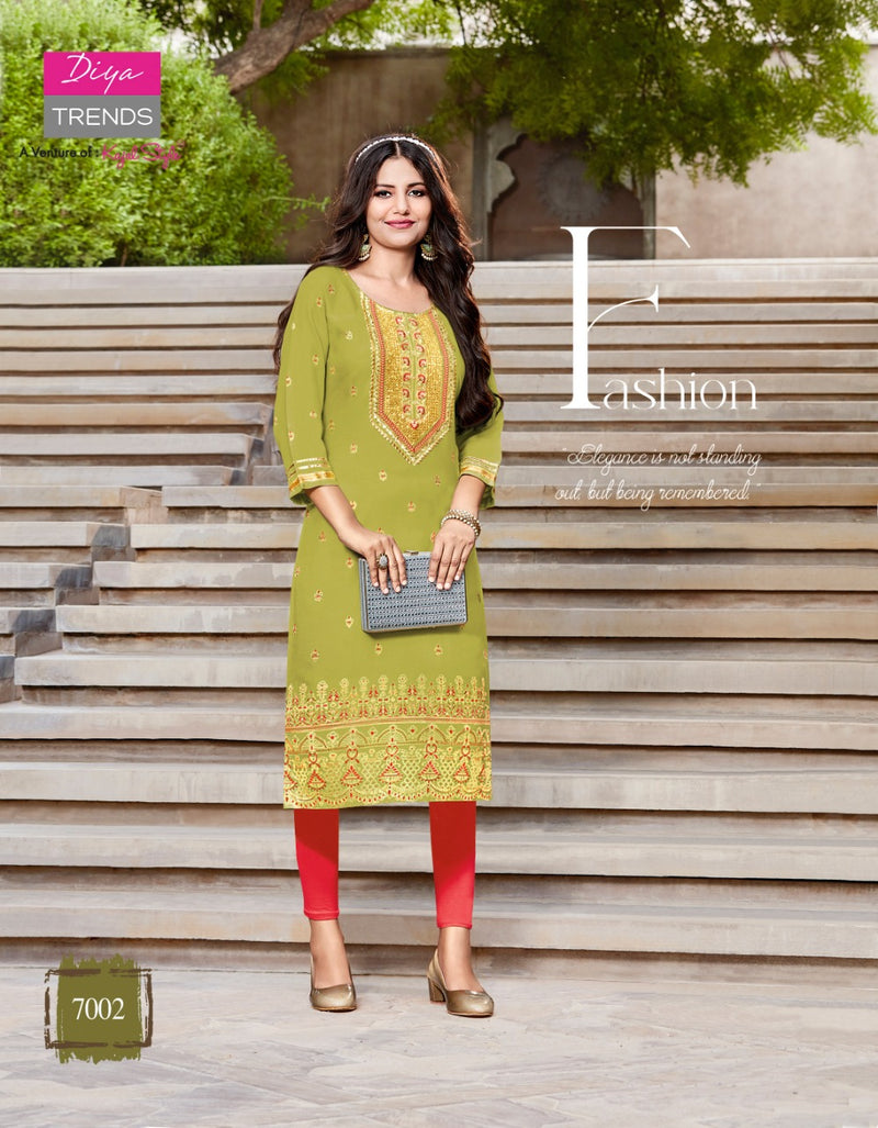 Diya Trends Victoriya Dno 7001 To 70014 Rayon Printed work Stylish Designer Party Wear Kurti