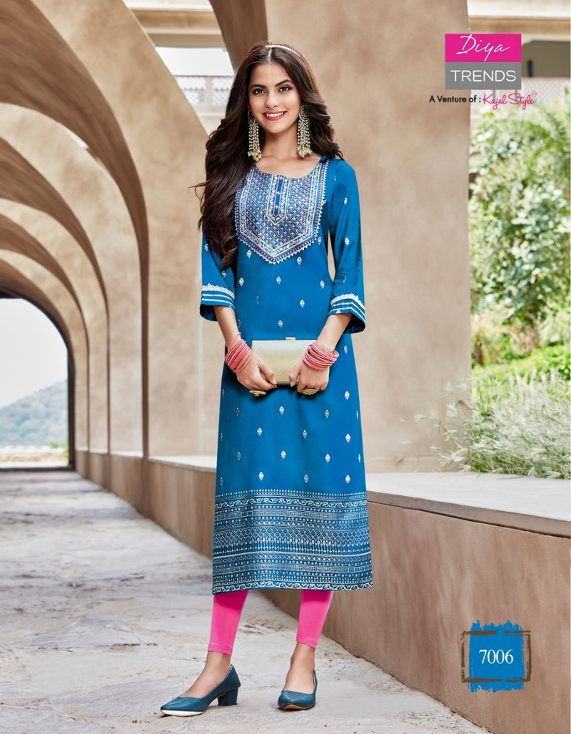 Diya Trends Victoriya Dno 7001 To 70014 Rayon Printed work Stylish Designer Party Wear Kurti