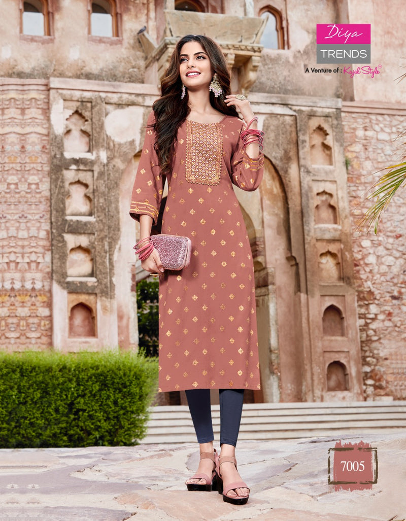 Diya Trends Victoriya Dno 7001 To 70014 Rayon Printed work Stylish Designer Party Wear Kurti
