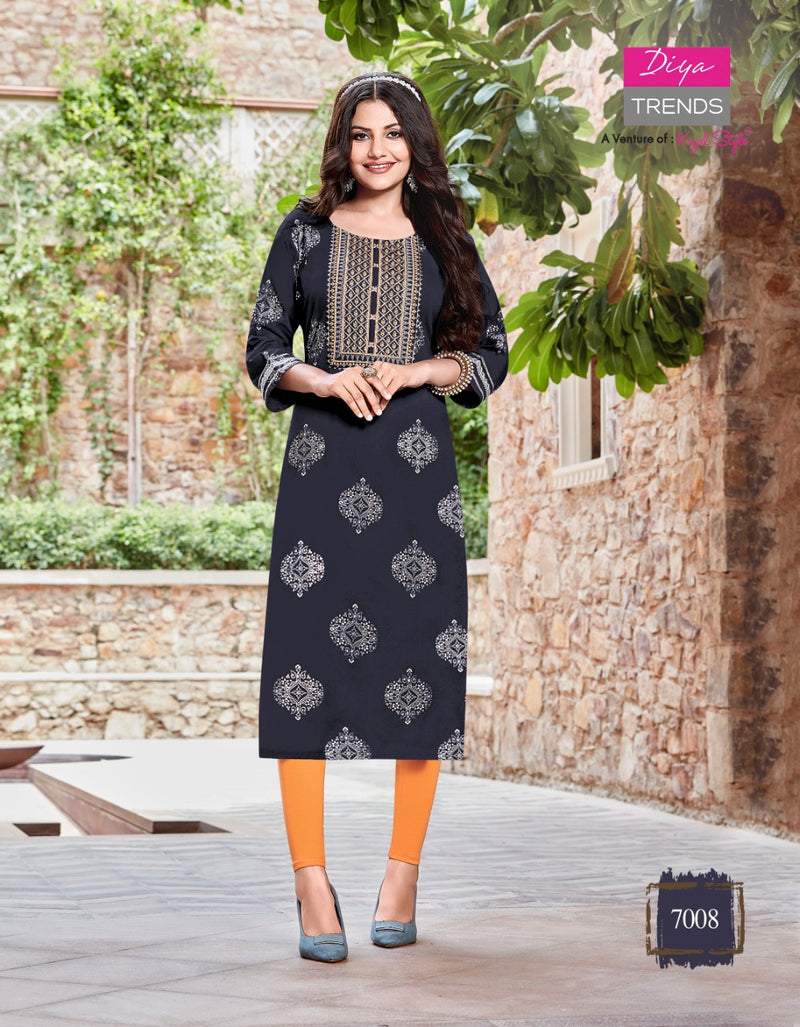 Diya Trends Victoriya Dno 7001 To 70014 Rayon Printed work Stylish Designer Party Wear Kurti