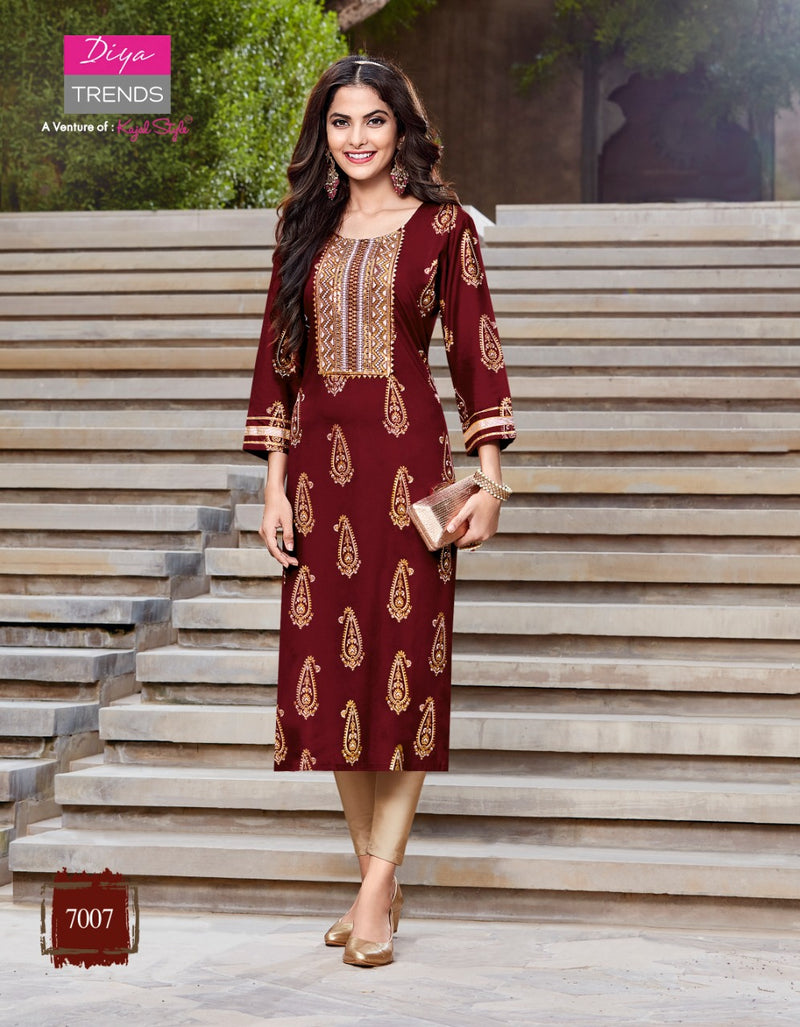 Diya Trends Victoriya Dno 7001 To 70014 Rayon Printed work Stylish Designer Party Wear Kurti