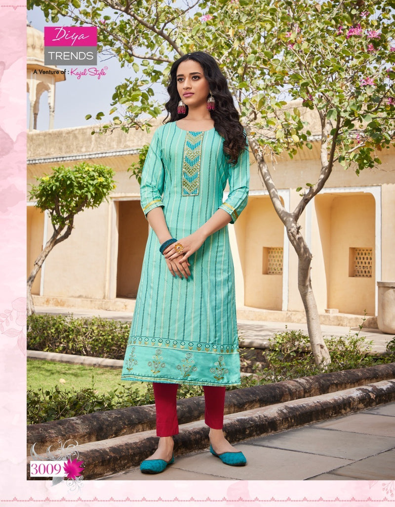 Diya Trends Victoria Vol 3 Rayon With Foil Print Fancy Stylish Party Wear Kurtis