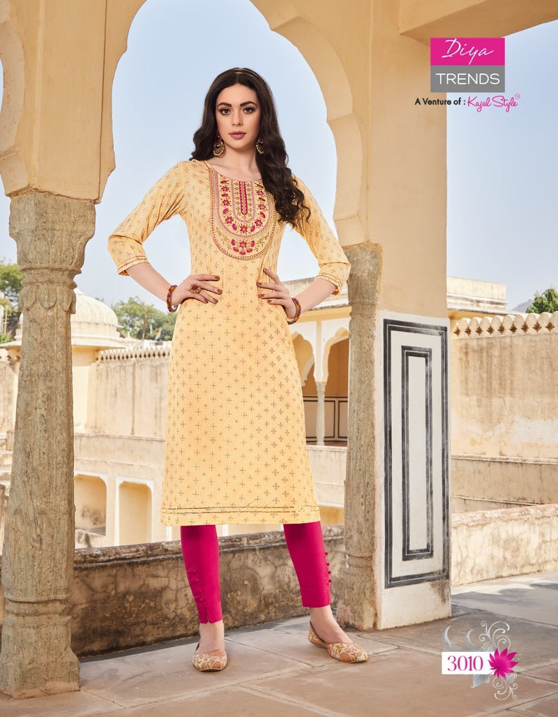 Diya Trends Victoria Vol 3 Rayon With Foil Print Fancy Stylish Party Wear Kurtis