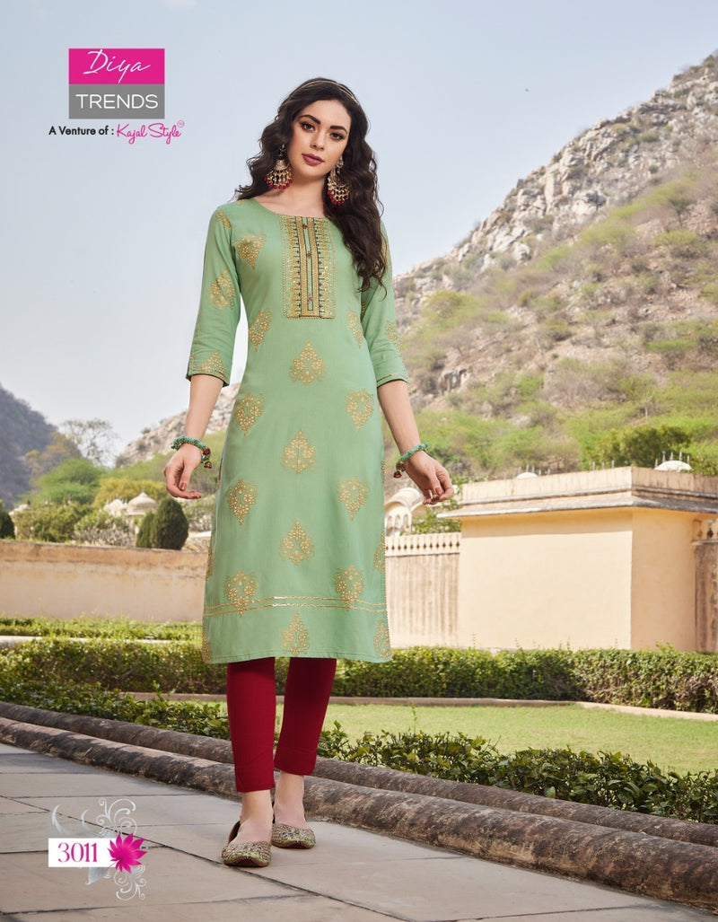 Diya Trends Victoria Vol 3 Rayon With Foil Print Fancy Stylish Party Wear Kurtis