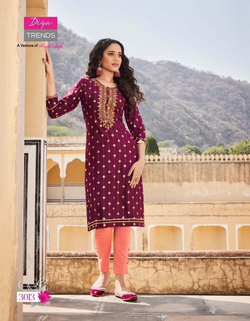 Diya Trends Victoria Vol 3 Rayon With Foil Print Fancy Stylish Party Wear Kurtis