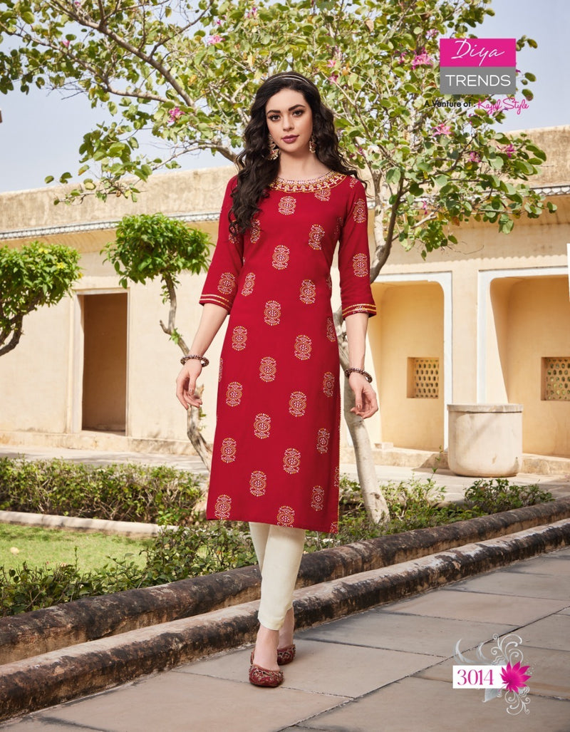 Diya Trends Victoria Vol 3 Rayon With Foil Print Fancy Stylish Party Wear Kurtis