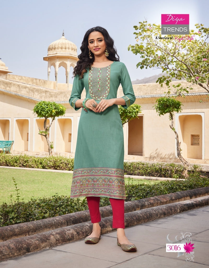 Diya Trends Victoria Vol 3 Rayon With Foil Print Fancy Stylish Party Wear Kurtis