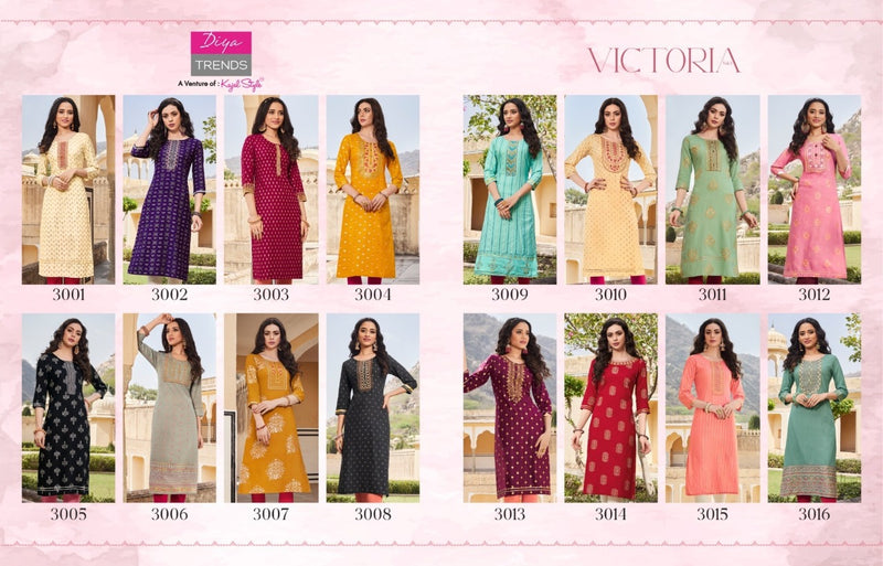 Diya Trends Victoria Vol 3 Rayon With Foil Print Fancy Stylish Party Wear Kurtis