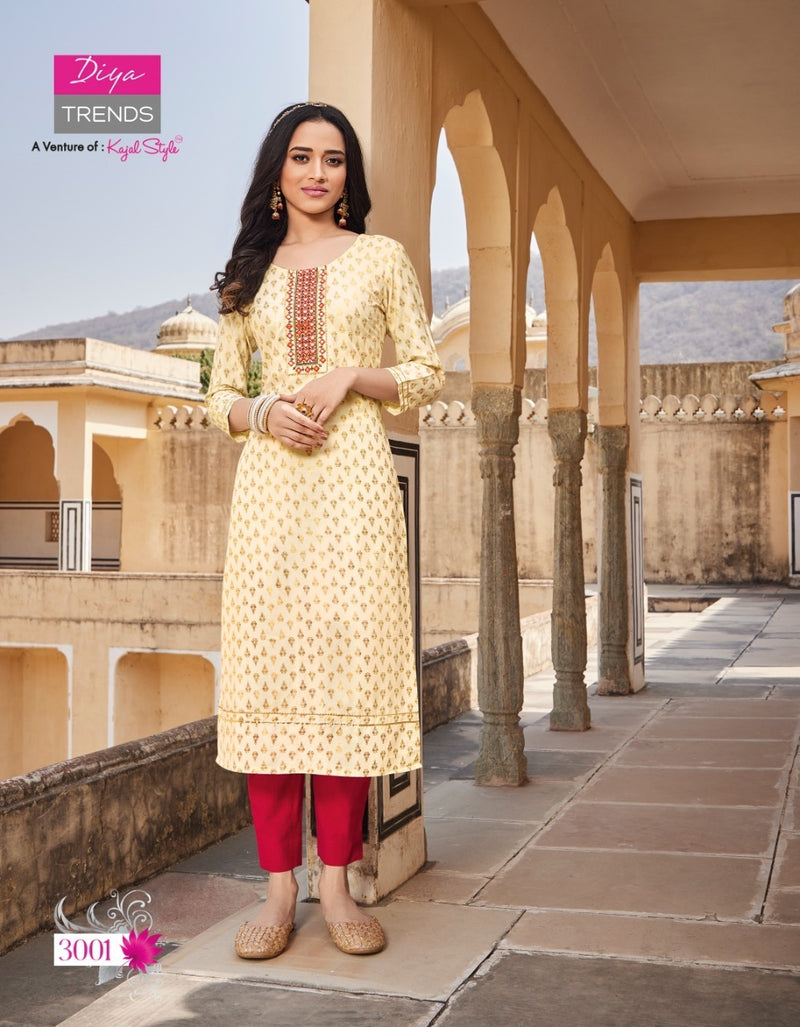 Diya Trends Victoria Vol 3 Rayon With Foil Print Fancy Stylish Party Wear Kurtis