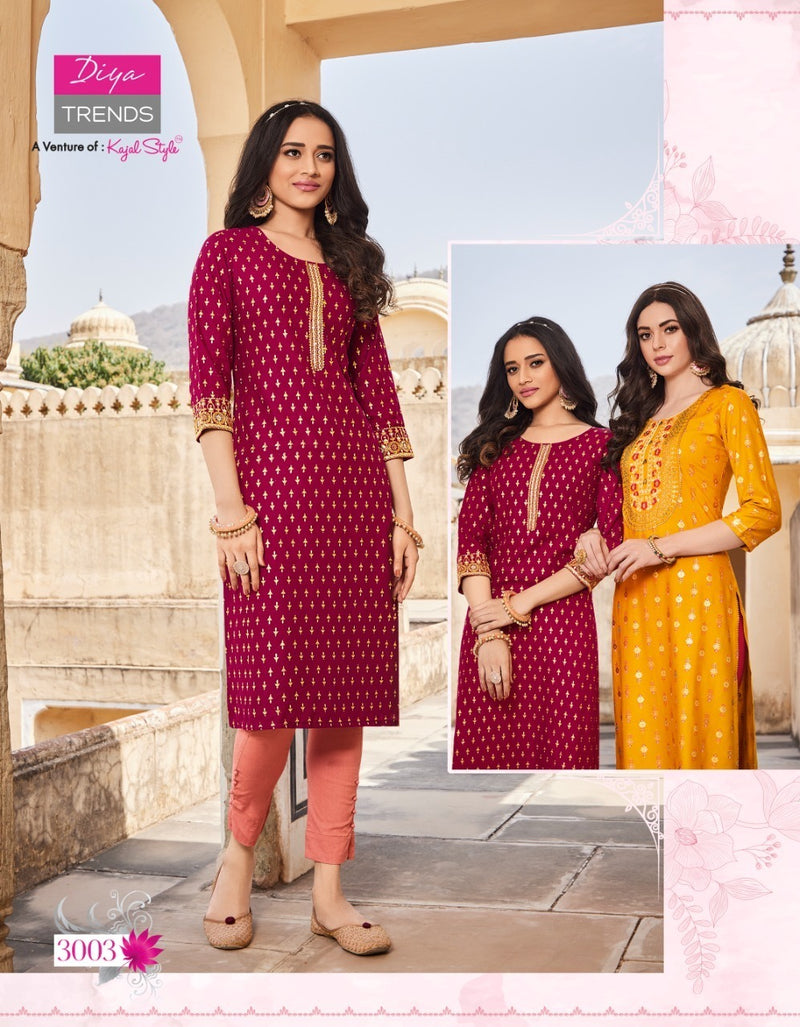 Diya Trends Victoria Vol 3 Rayon With Foil Print Fancy Stylish Party Wear Kurtis